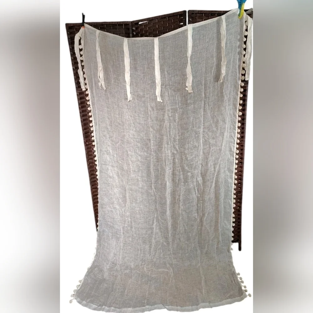 Soft Surroundings Linen Curtain Pom Pom Cotton Trim Boho Chic 48x84 1 Panel